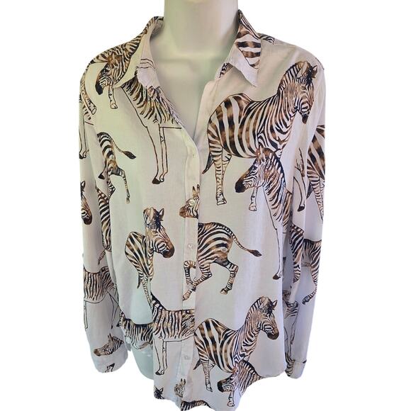 Jane + Delancy Zebra Animal Print Linen Blend Blouse M Long Sleeve or Roll Tab - Picture 10 of 16
